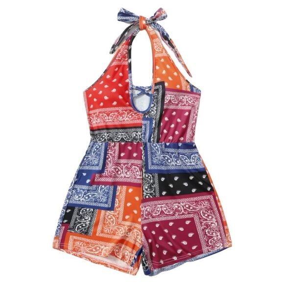 SHEIN SZ M Patchwork Paisley Print Criss Cross Cut Out Halter Romper - Picture 4 of 6